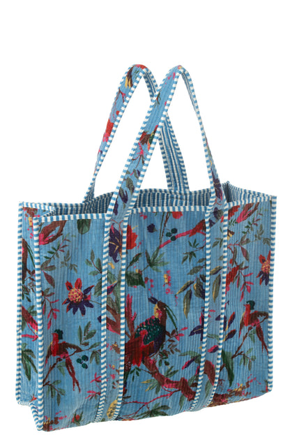 Shoppertas Vogels/Bloemen Katoenen Fluweel Blauw