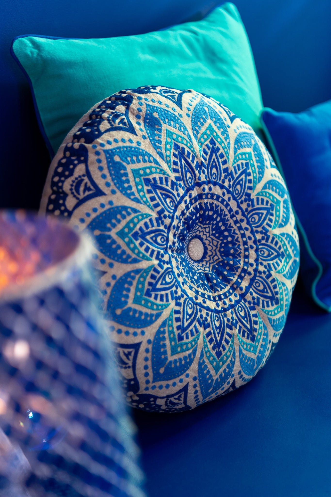 Vloerkussen Rond Bloem Katoen Turquoise/Blauw Assortiment Van 2