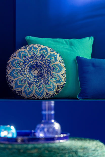 Vloerkussen Rond Bloem Katoen Turquoise/Blauw Assortiment Van 2