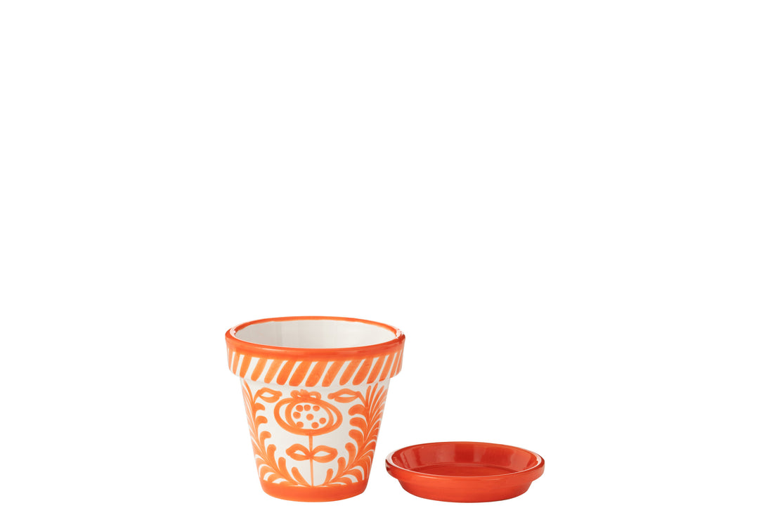 Bloempot + Bord Granada Handgemaakt/Handbeschilderd Keramiek Oranje/Wit Klein