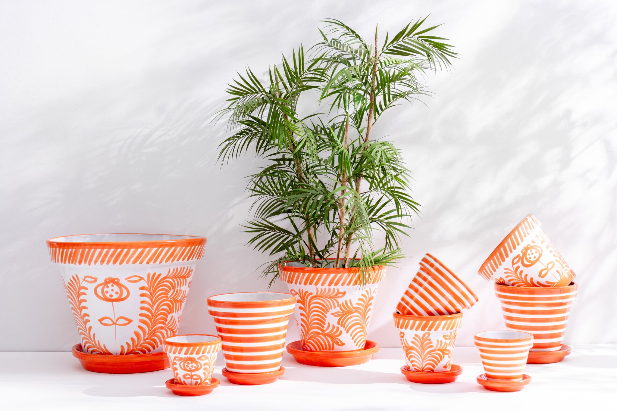 Bloempot + Bord Granada Handgemaakt/Handbeschilderd Keramiek Oranje/Wit Extra Groot