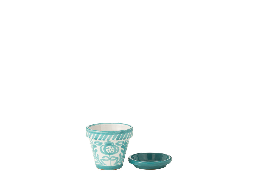 Bloempot + Bord Granada Handgemaakt/Handbeschilderd Keramiek Aqua/Wit Extra Klein