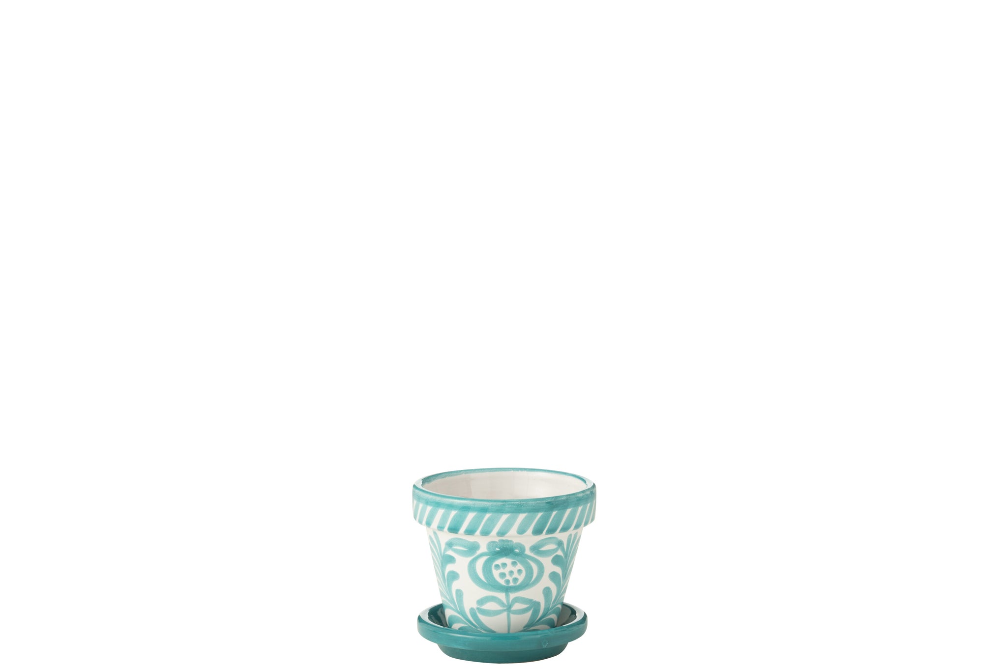 Bloempot + Bord Granada Handgemaakt/Handbeschilderd Keramiek Aqua/Wit Extra Klein