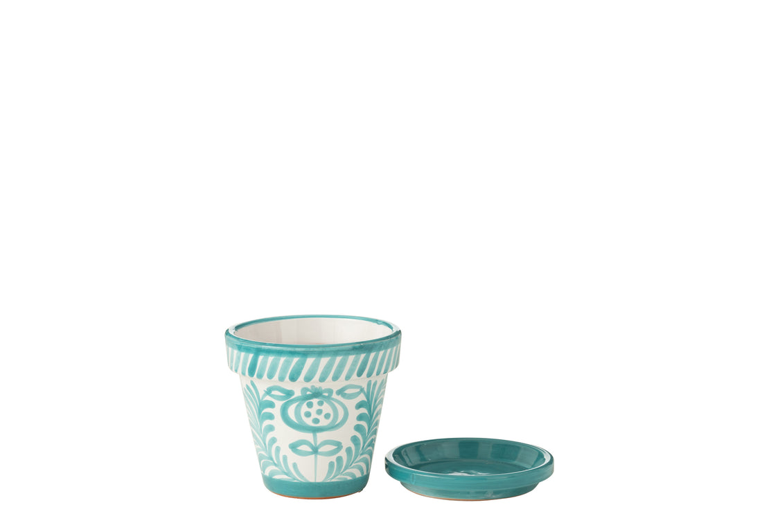 Bloempot + Bord Granada Handgemaakt/Handbeschilderd Keramiek Aqua/Wit Klein