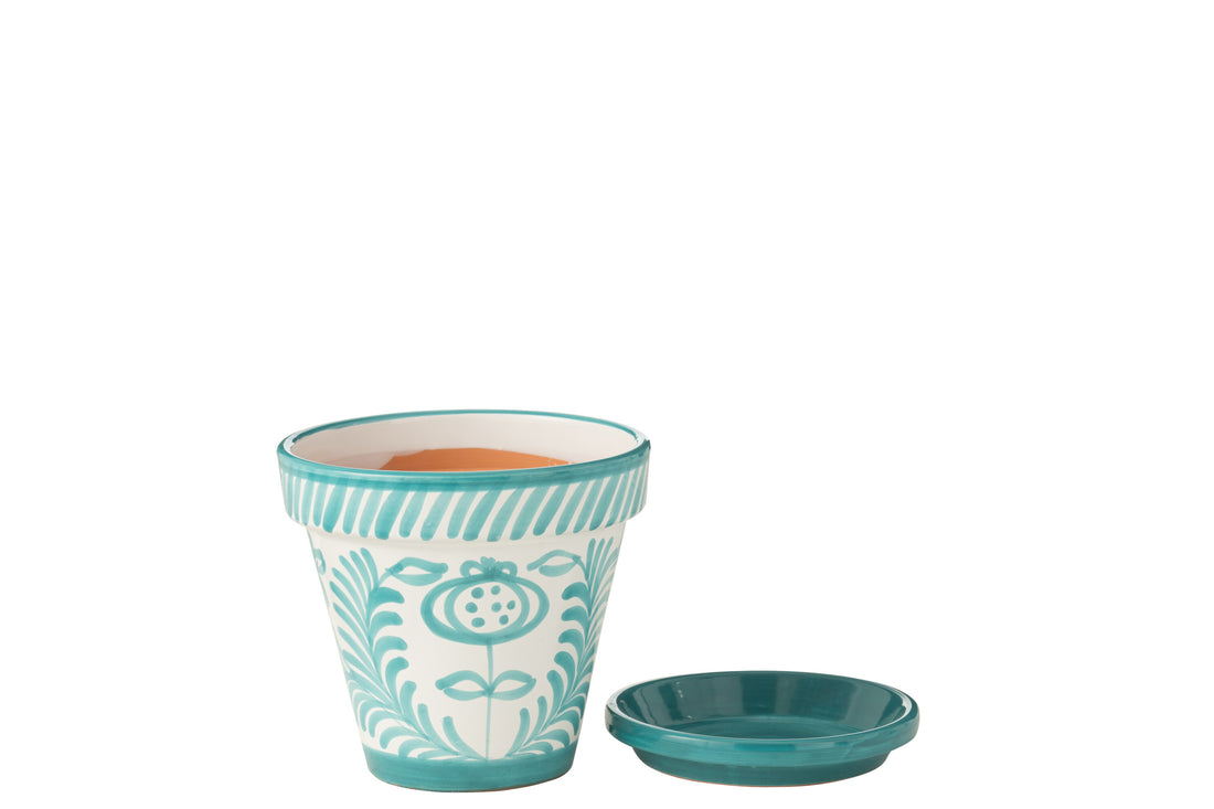 Bloempot + Bord Granada Handgemaakt/Handbeschilderd Keramiek Aqua/Wit Medium