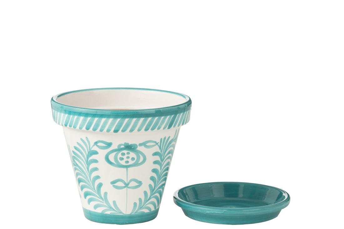 Bloempot + Bord Granada Handgemaakt/Handbeschilderd Keramiek Aqua/Wit Groot