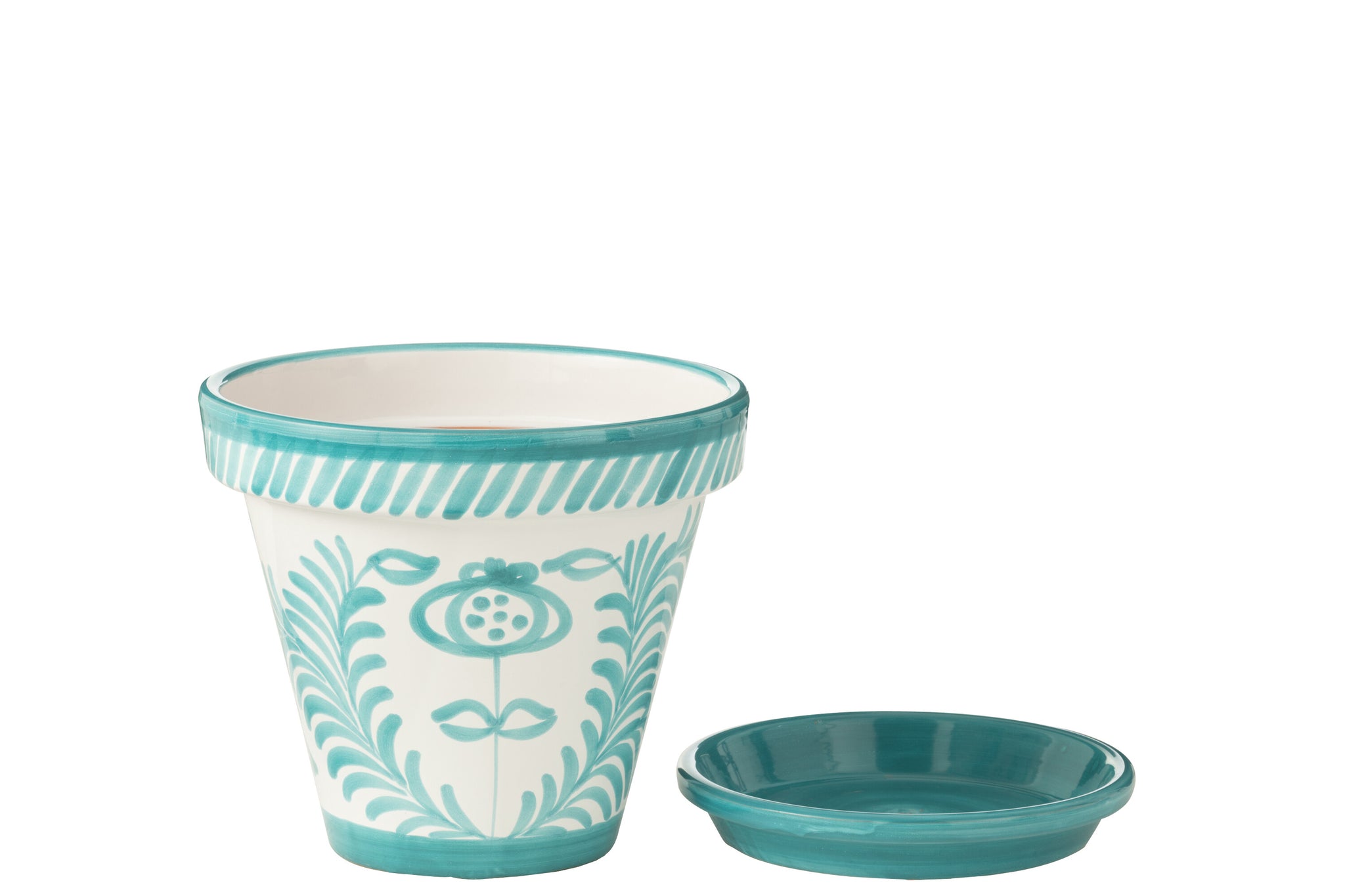Bloempot + Bord Granada Handgemaakt/Handbeschilderd Keramiek Aqua/Wit Groot