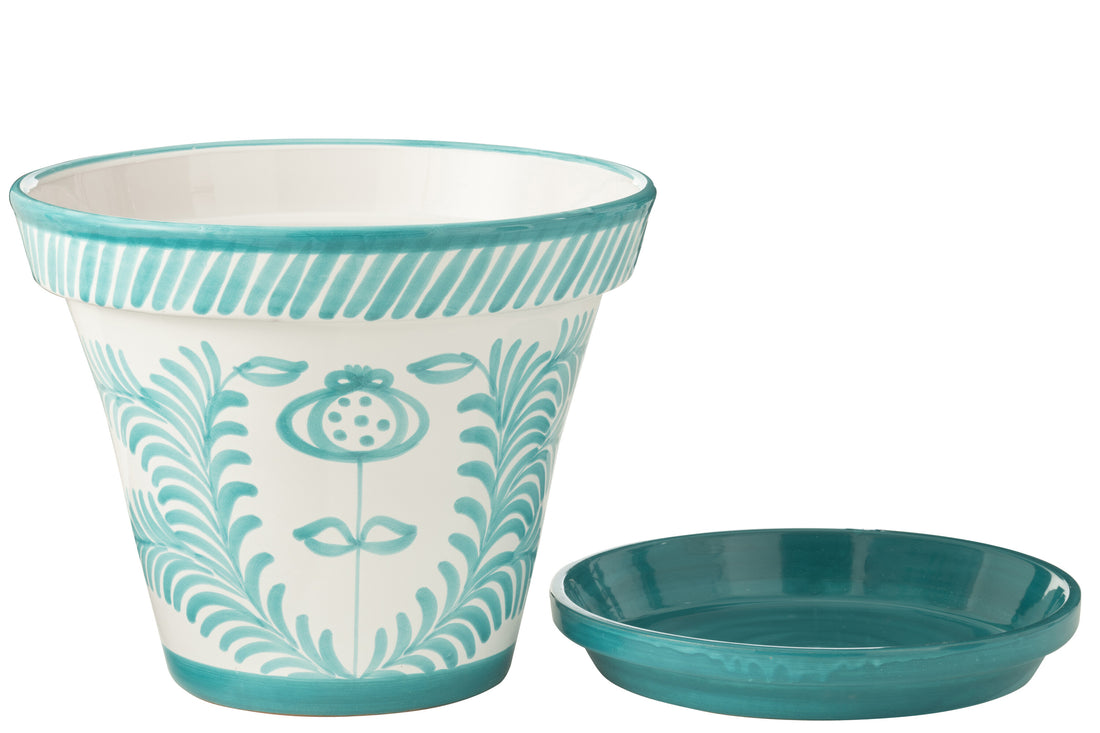 Bloempot + Bord Granada Handgemaakt/Handbeschilderd Keramiek Aqua/Wit Extra Groot