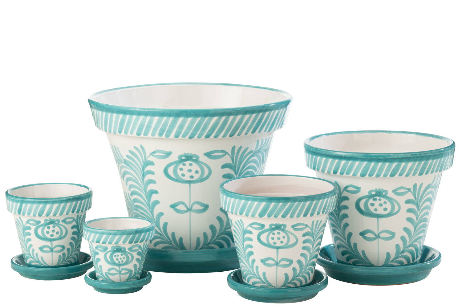Bloempot + Bord Granada Handgemaakt/Handbeschilderd Keramiek Aqua/Wit Extra Groot
