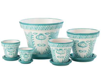 Bloempot + Bord Granada Handgemaakt/Handbeschilderd Keramiek Aqua/Wit Extra Groot
