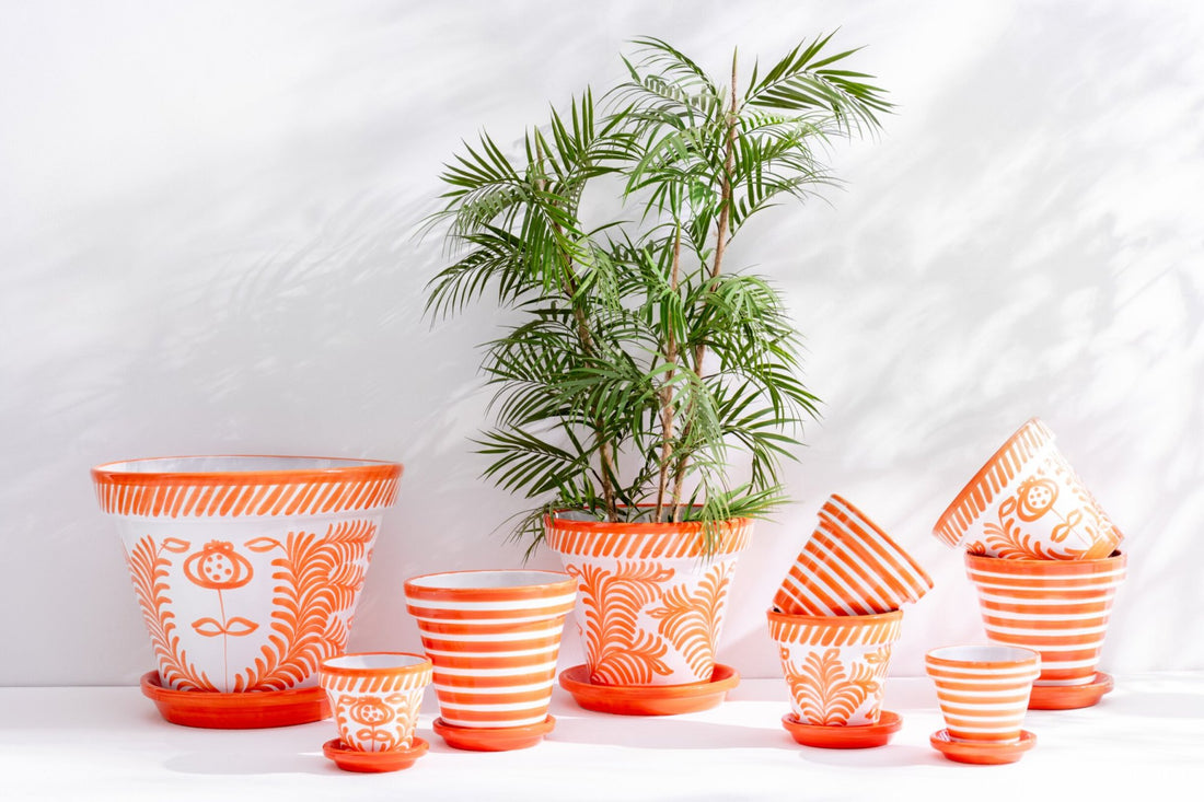 Bloempot + Bord Granada Strepen Handgemaakt/Handbeschilderd Keramiek Oranje/Wit Klein