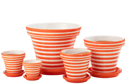 Bloempot + Bord Granada Strepen Handgemaakt/Handbeschilderd Keramiek Oranje/Wit Extra Groot