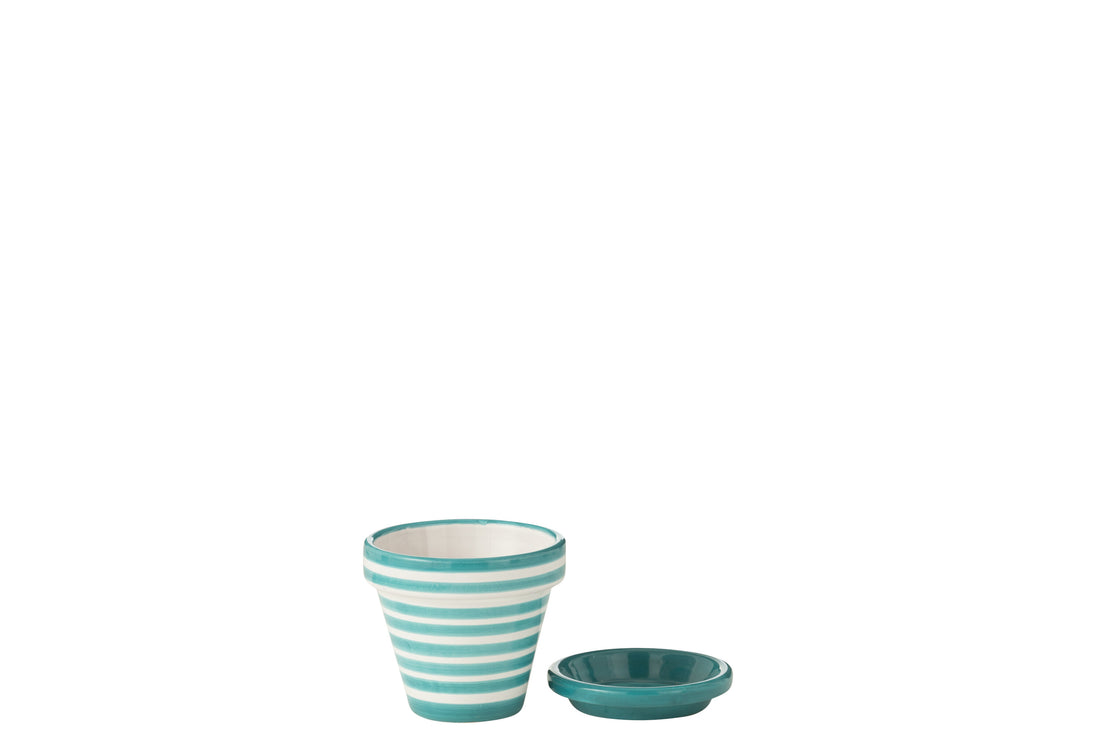 Bloempot + Bord Granada Strepen Handgemaakt/Handbeschilderd Keramiek Aqua/Wit Extra Klein