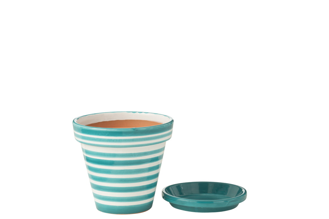 Bloempot + Bord Granada Strepen Handgemaakt/Handbeschilderd Keramiek Aqua/Wit Medium