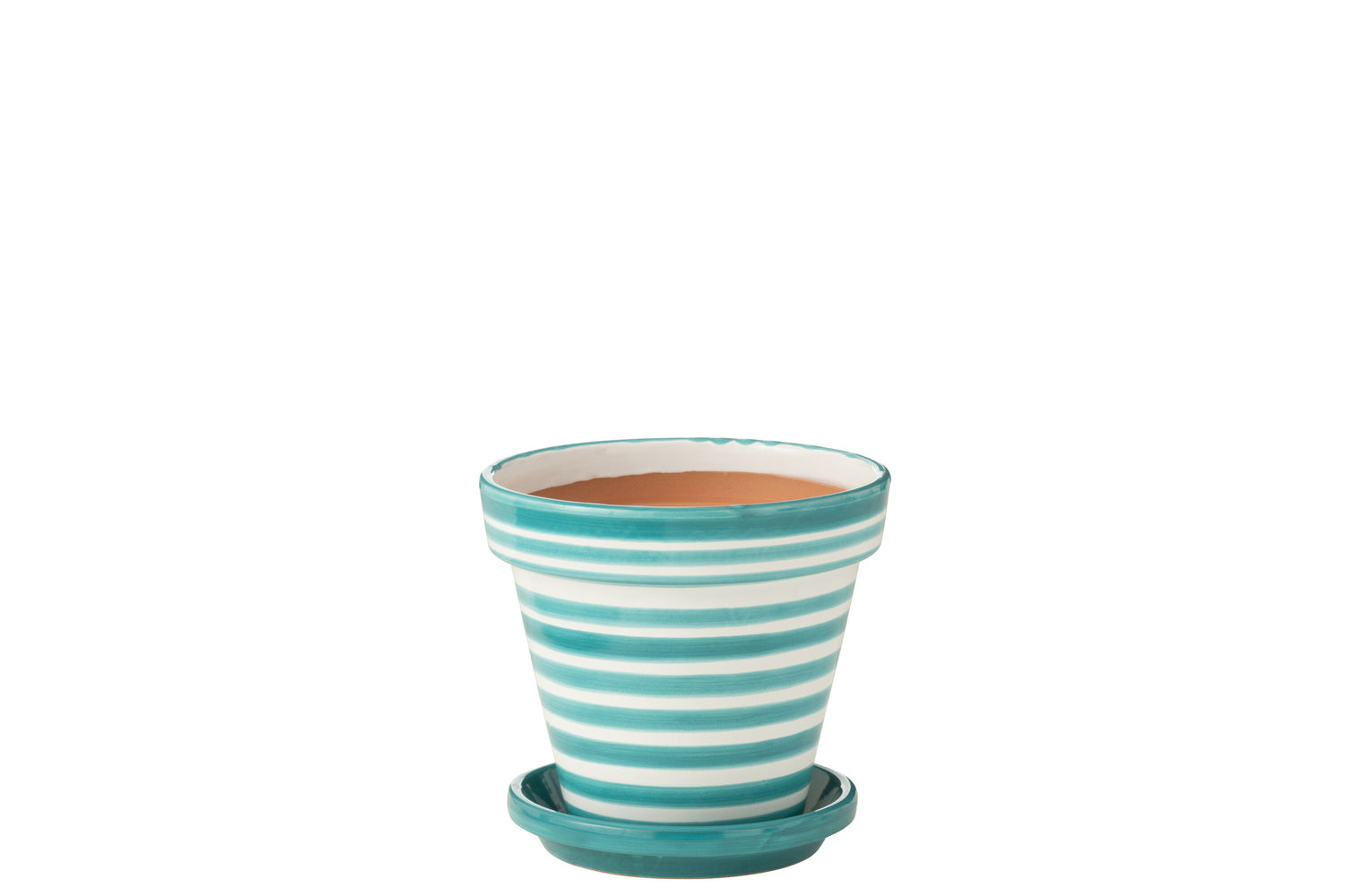 Bloempot + Bord Granada Strepen Handgemaakt/Handbeschilderd Keramiek Aqua/Wit Medium