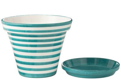 Bloempot + Bord Granada Strepen Handgemaakt/Handbeschilderd Keramiek Aqua/Wit Extra Groot
