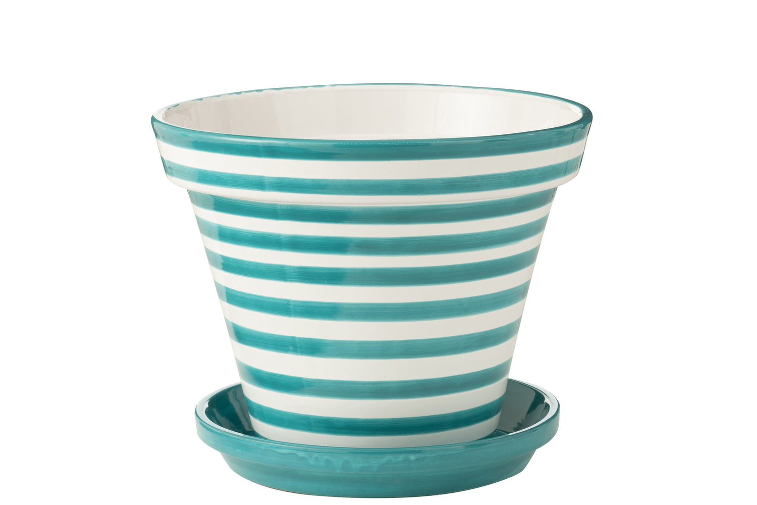 Bloempot + Bord Granada Strepen Handgemaakt/Handbeschilderd Keramiek Aqua/Wit Extra Groot