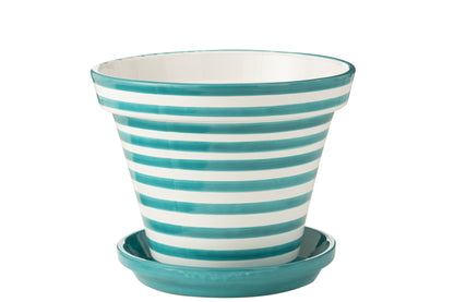 Bloempot + Bord Granada Strepen Handgemaakt/Handbeschilderd Keramiek Aqua/Wit Extra Groot