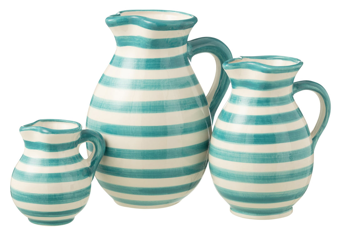 Pitcher Granada Strepen Keramiek Wit/Aqua Groot