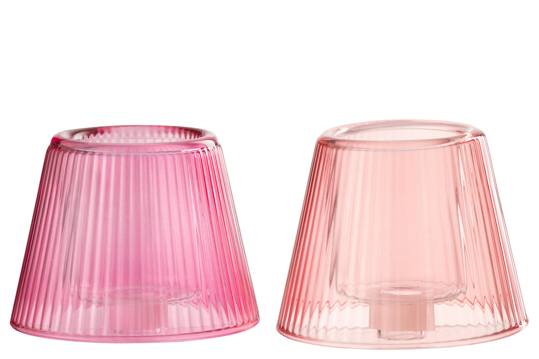 Theelichthouder Hoed Glas Roze/Fuchsia Assortiment Van 2