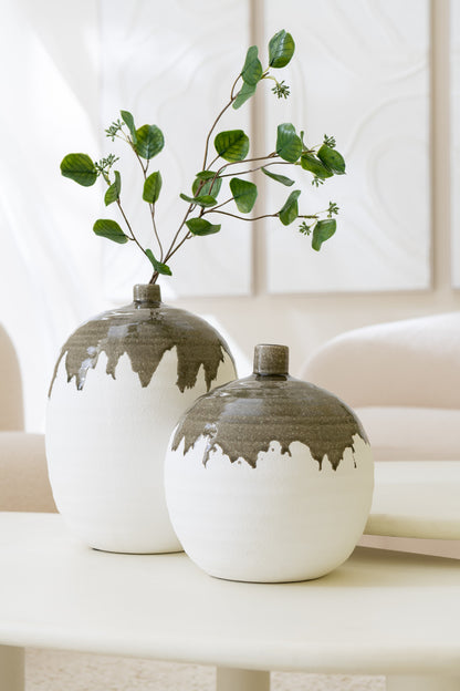 Vaas Olea Fles Rond Olijfgroen/Wit