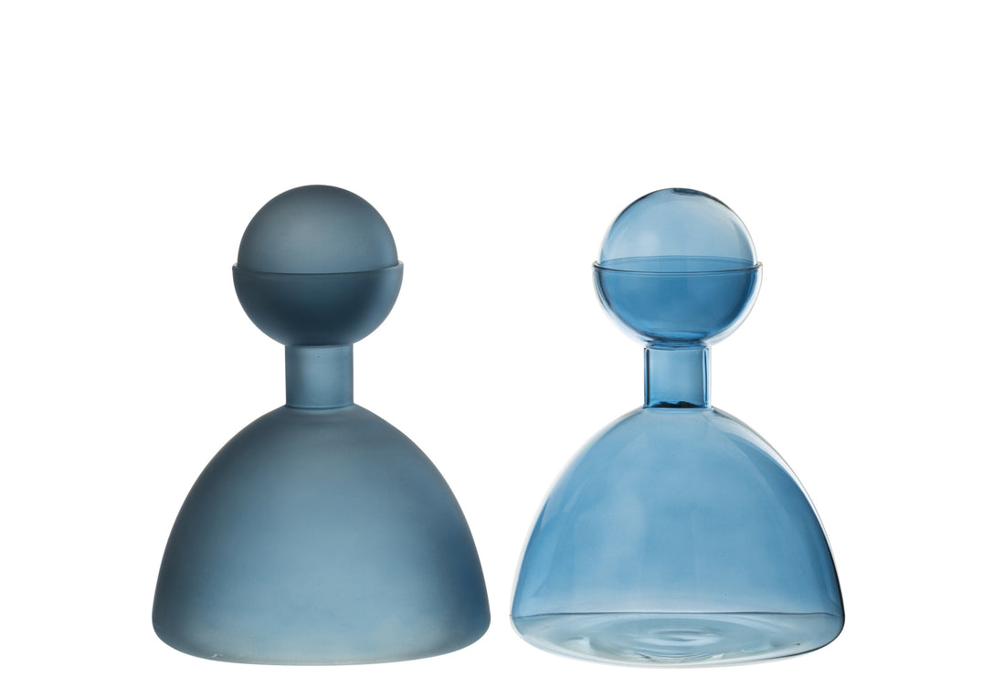 Vaas Fles+Dop Rond Glas Glanzend/Mat Blauw Assortiment Van 2