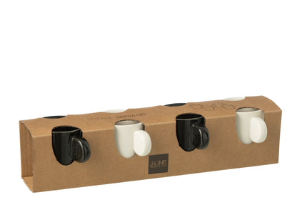 J-Line Doos met 4 koffiekopjes van aardewerk zwart/wit