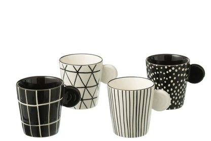 J-Line Doos met 4 koffiekopjes van aardewerk zwart/wit