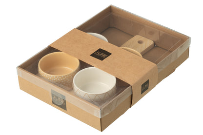 Tapas Service 4 Sets + Houten dienblad Raamdoos Crème/Wit