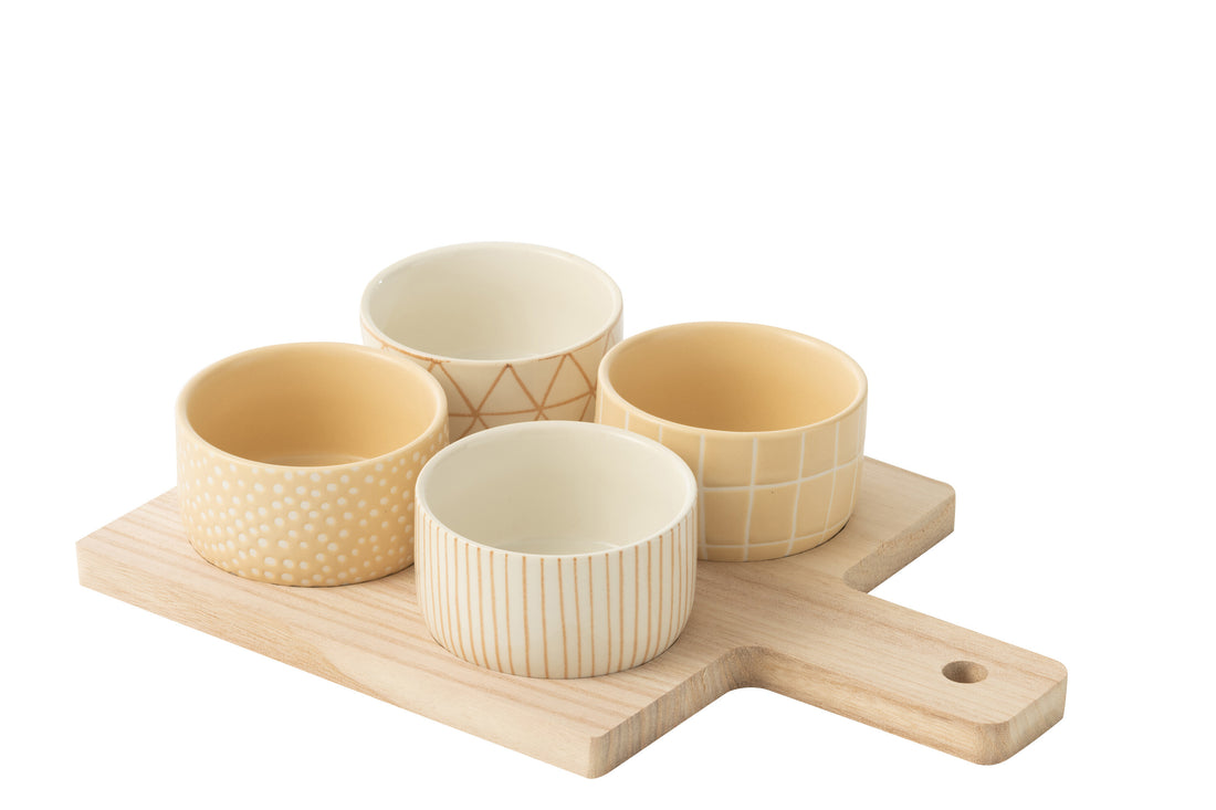 Tapas Service 4 Sets + Houten dienblad Raamdoos Crème/Wit