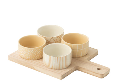 Tapas Service 4 Sets + Houten dienblad Raamdoos Crème/Wit