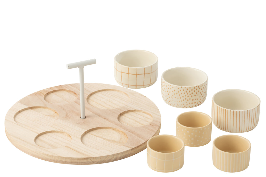 Tapas Service 6 Sets + Houten dienblad Raamdoos Crème/Wit