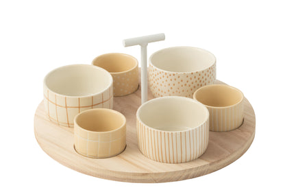 Tapas Service 6 Sets + Houten dienblad Raamdoos Crème/Wit