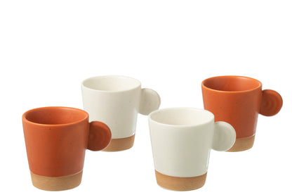 J-Line Doos met 4 koffiekopjes van aardewerk in oranje/wit.