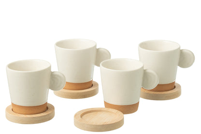 J-Line Doos met 4 koffiekopjes Oor+Bamboe Basis Keramiek Wit/Natuurlijk