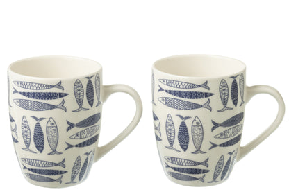 J-Line Doos met 2 mokken vis keramiek donkerblauw