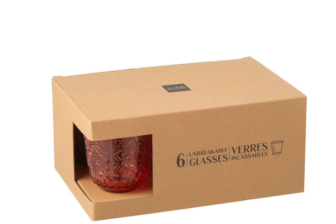 J-Line Doos van 6 drinkglazen plastic rood