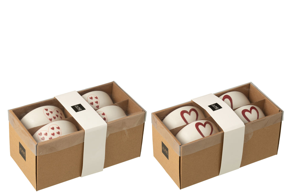 Doos van 4 kommen Harten Porselein Wit/Rood Klein