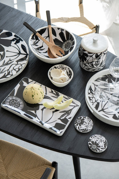 Tray Round With Handles Floral Pattern Mango Wood Black/White
