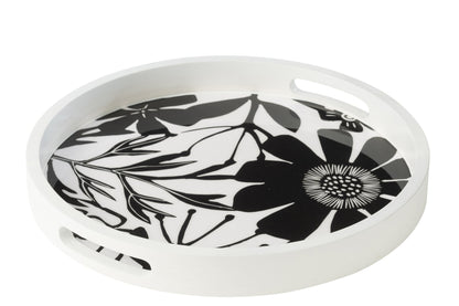 Tray Round With Handles Floral Pattern Mango Wood Black/White