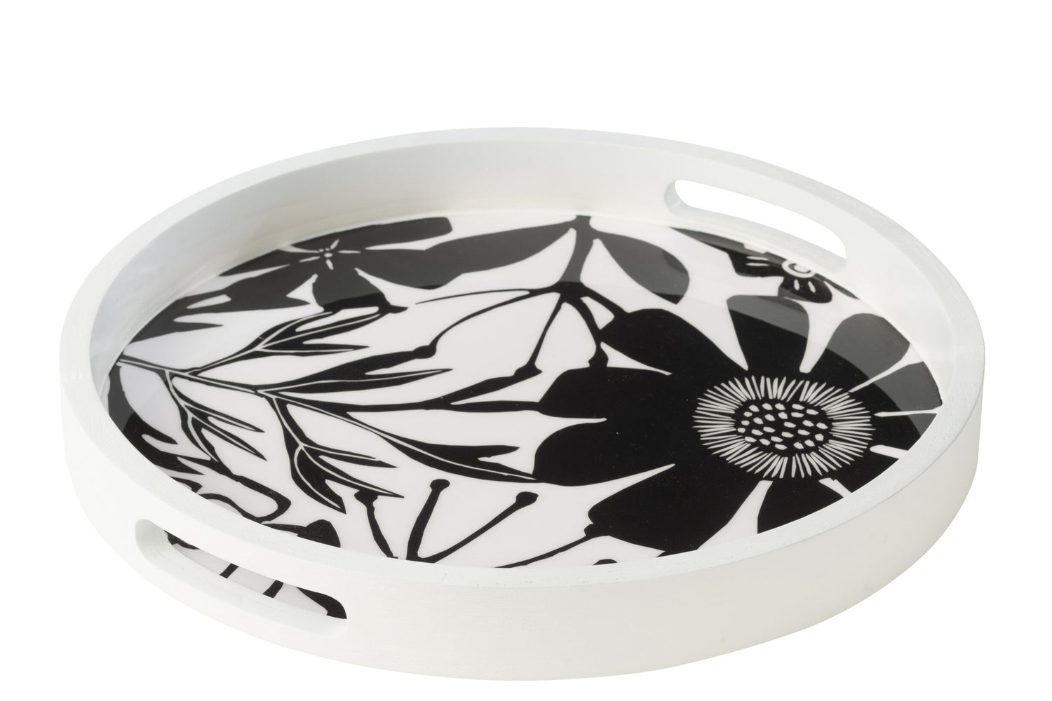 Tray Round With Handles Floral Pattern Mango Wood Black/White