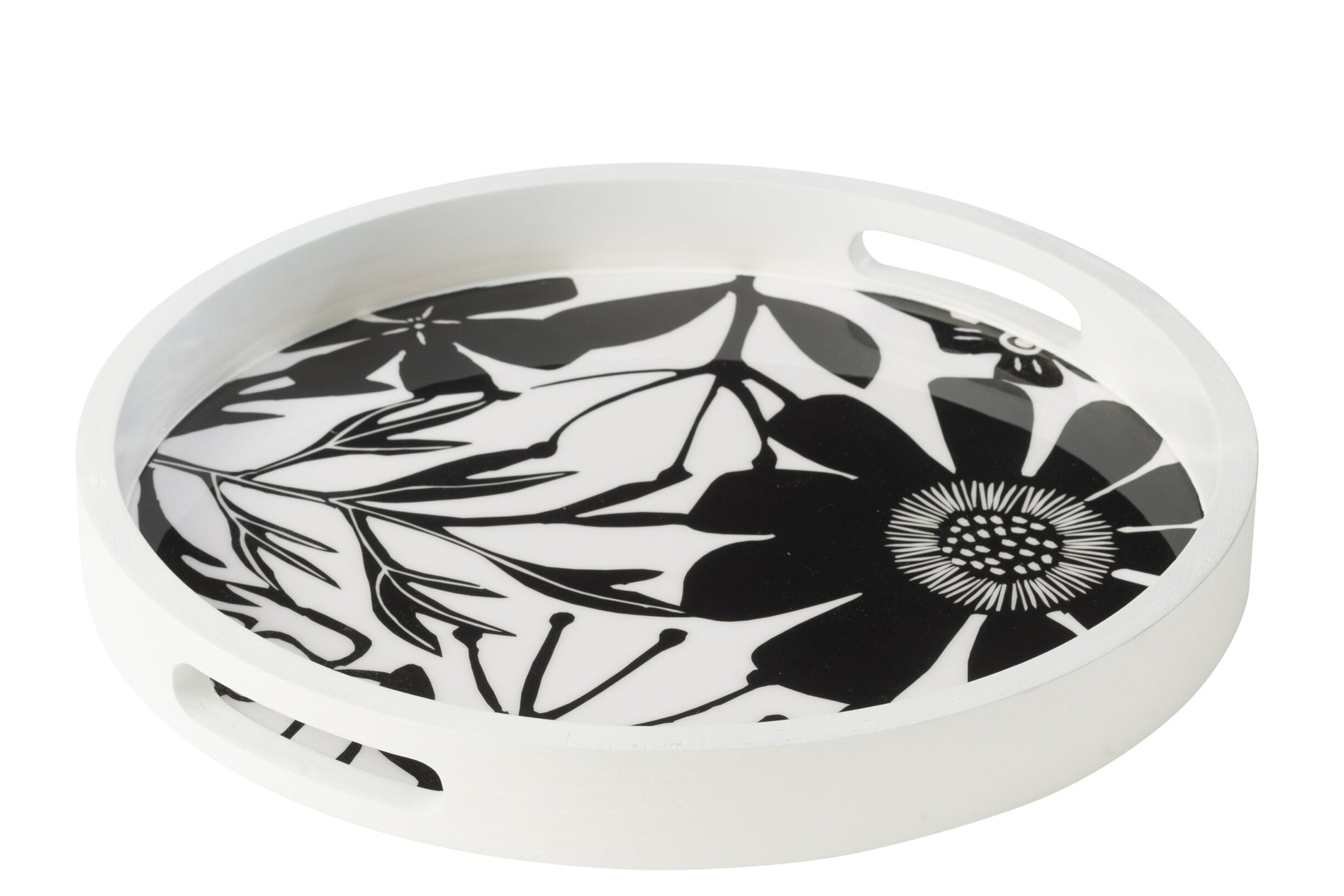 Tray Round With Handles Floral Pattern Mango Wood Black/White