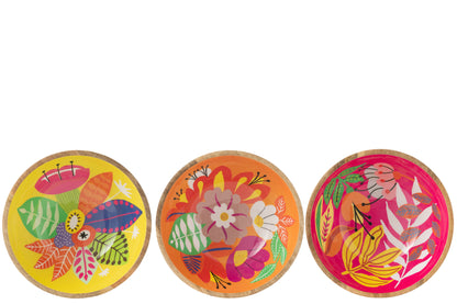 Kom Floral Pattern Mangohout Roze/Oranje/Geel Groot Assortiment Van 3