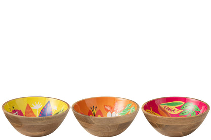 Kom Floral Pattern Mangohout Roze/Oranje/Geel Groot Assortiment Van 3