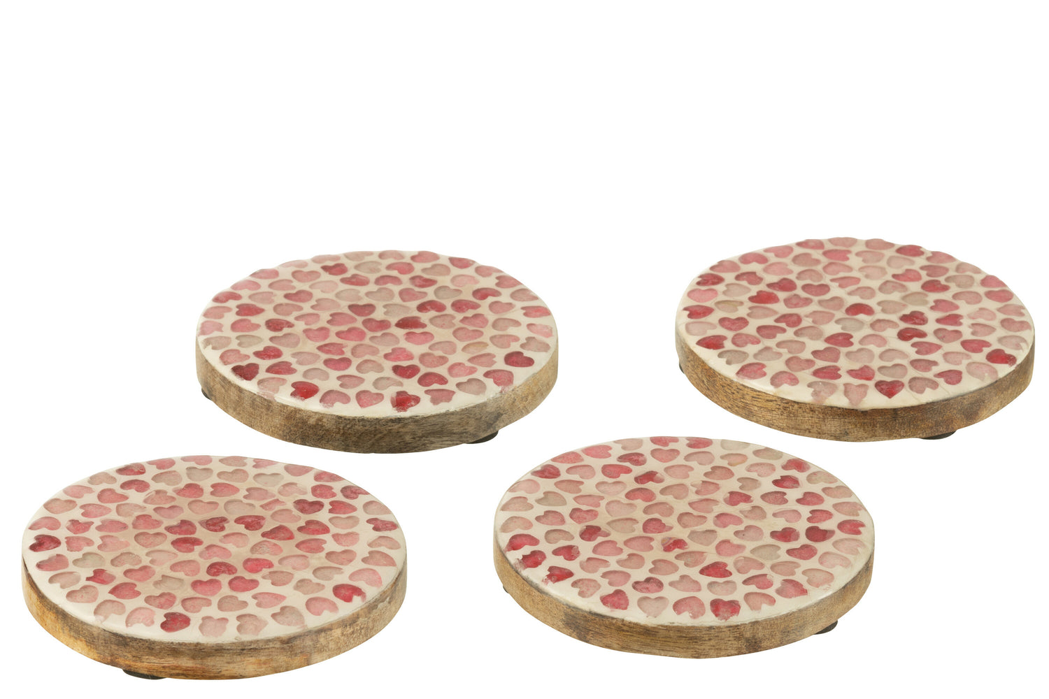 Set van 4 onderzetters hart mozaïek mangohout roze