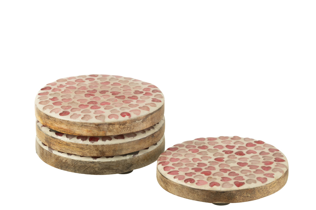 Set van 4 onderzetters hart mozaïek mangohout roze
