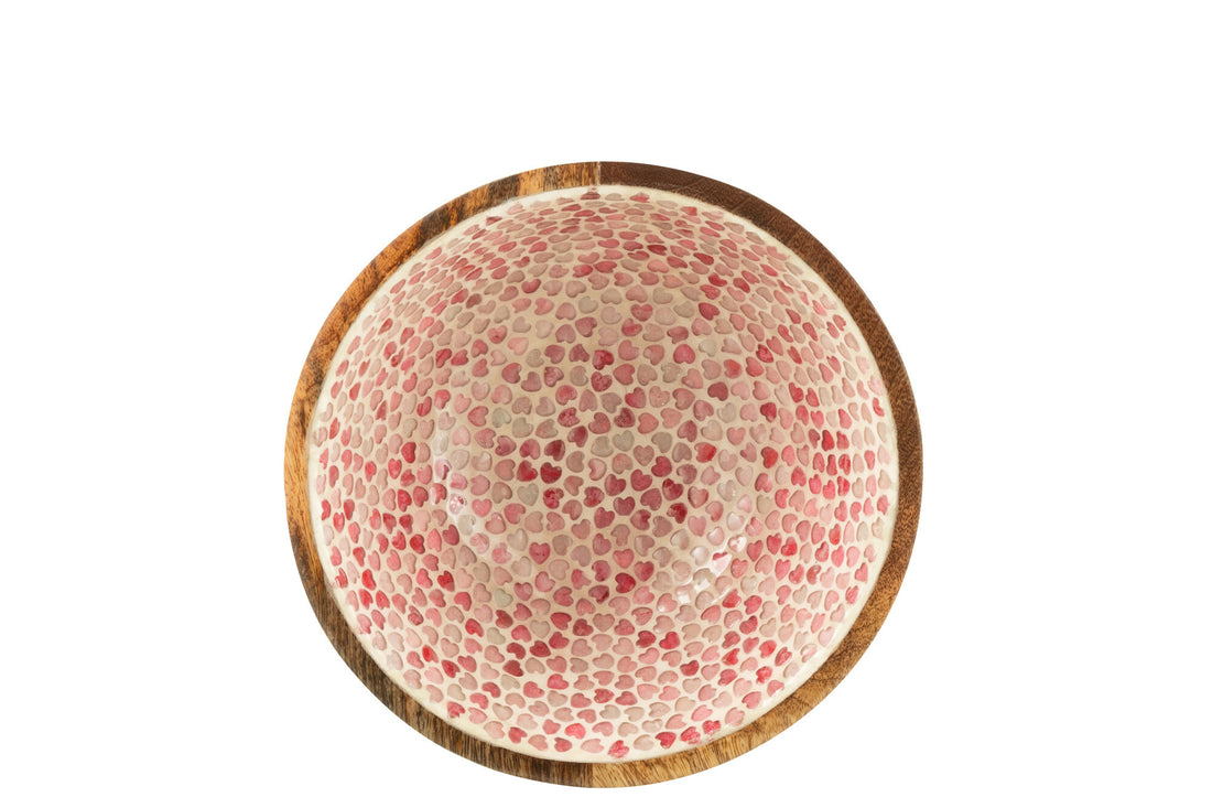 Kom van mangohout met roze mozaïekpatroon in de vorm van een hart - middelgroot.