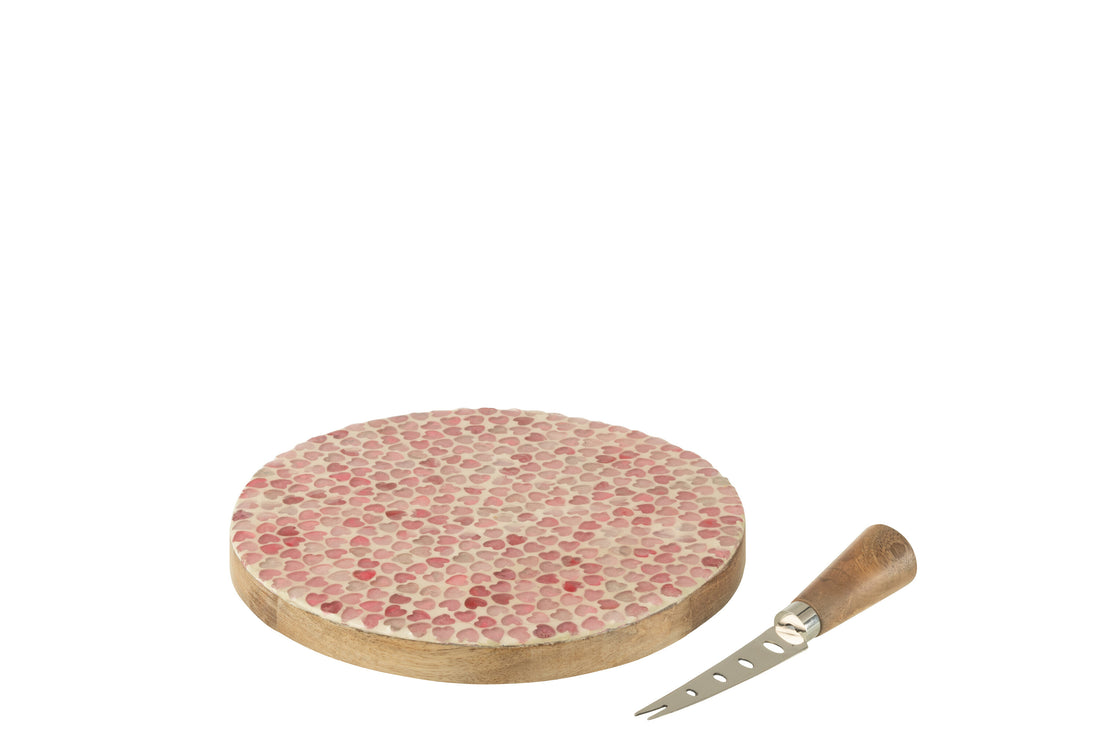 Kaasplank + Mes Hart Mozaïek Rond Mangohout Roze