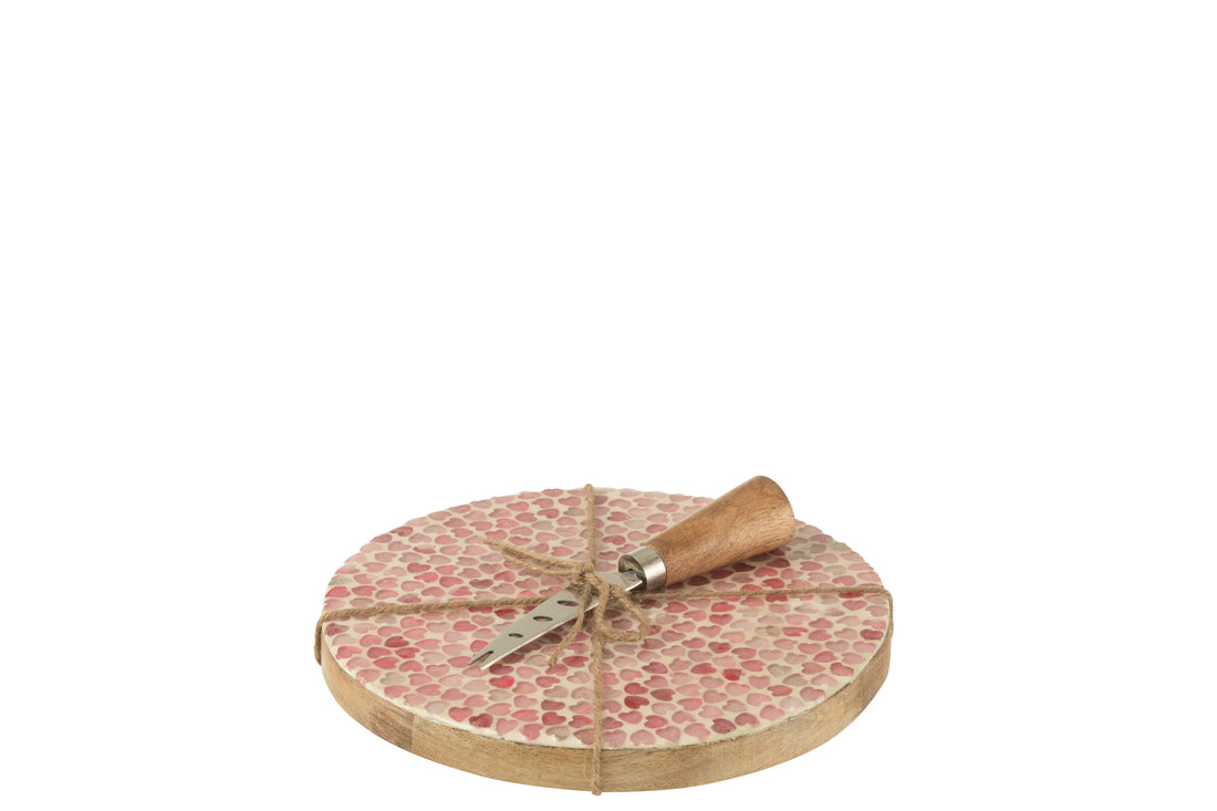 Kaasplank + Mes Hart Mozaïek Rond Mangohout Roze