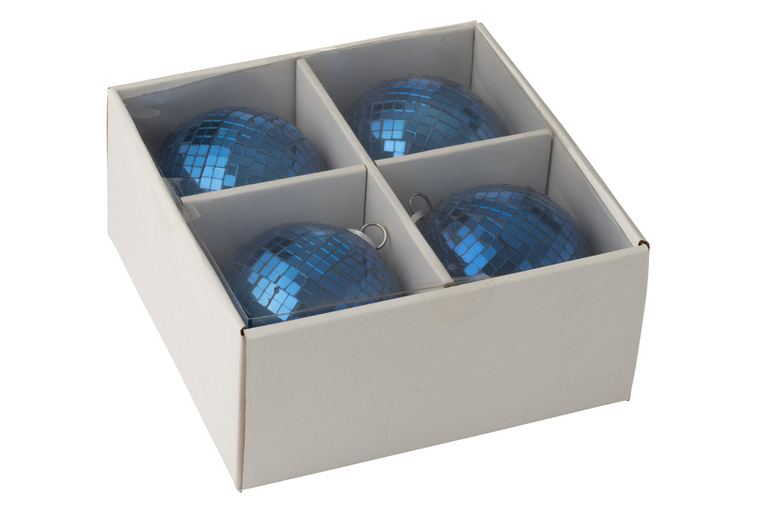 Doos van 4 kerstbal spiegelglas blauw groot